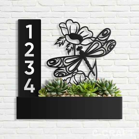 C-CRAFT Dragonfly 14 Inch Modern Metal Address Sign Planter Box for Outdoor Home Decor