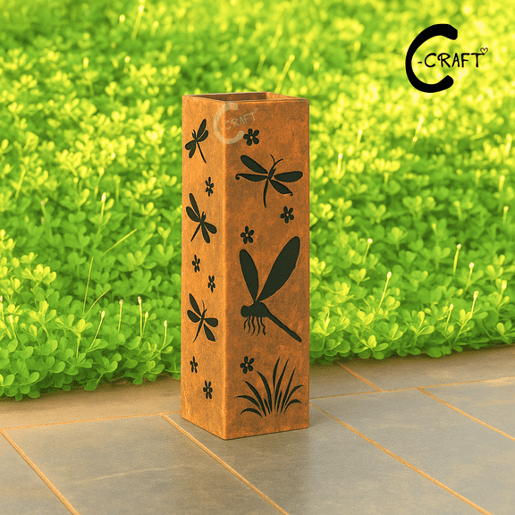 C-CRAFT Dragonfly Pattern Column with Rusty Finish 24 inches Without Lid, Custom Metal Outdoor Garden Landscape Decor
