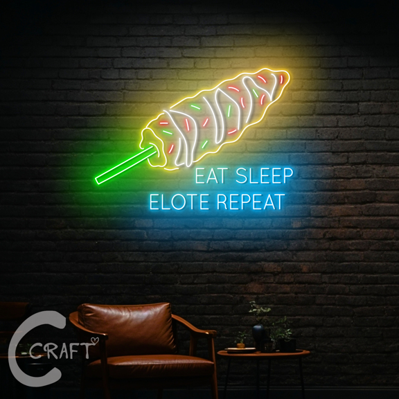 C-CRAFT Eat Sleep Elote Repeat Neon Led Light Up 23 inch for Mexican Elote Restaurant Decor