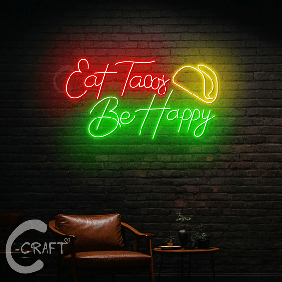 C-CRAFT Eat Tacos Be Happy Neon Light Led Sign 27 inch for Mexican Tacos Store Wall Art Decor