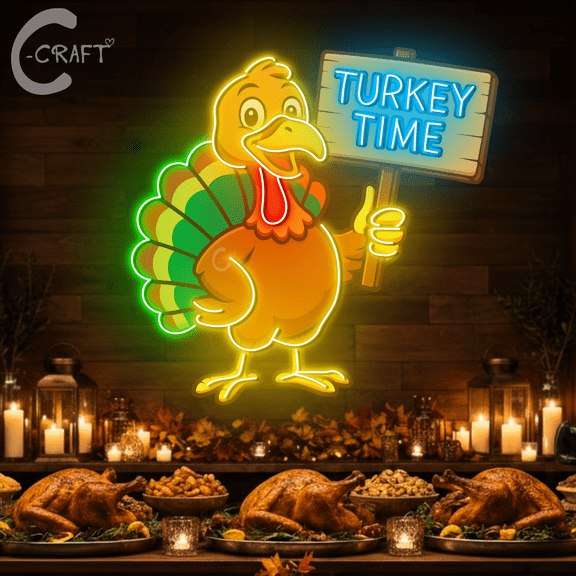 C-CRAFT Festive Turkey Time Neon UV Light 27 Inches, Autumn Holiday LED Wall Art, Thanksgiving Home Decor, Gift for Friends