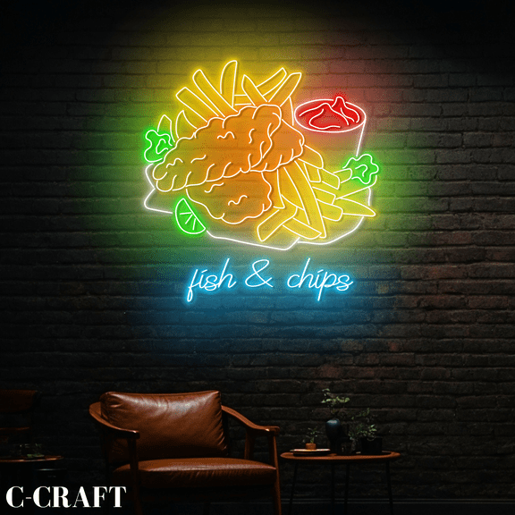 C-CRAFT Fish & Chips Neon Led Light for Fast Food Restaurant Wall Art Decor