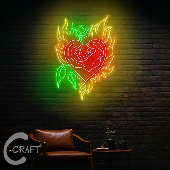 C-CRAFT Flaming Rose Heart Neon Sign LED Light 25 inch for Wedding Valentine Wall Art Decor