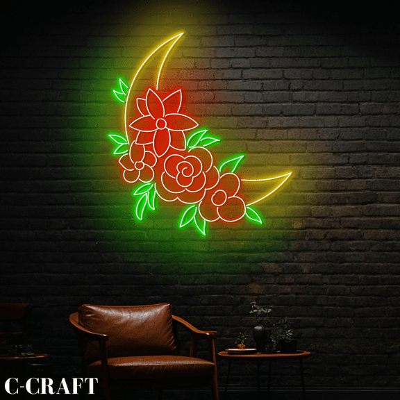 C-CRAFT Floral Crescent Moon Neon Led Light for Bedroom Wall Art Decor