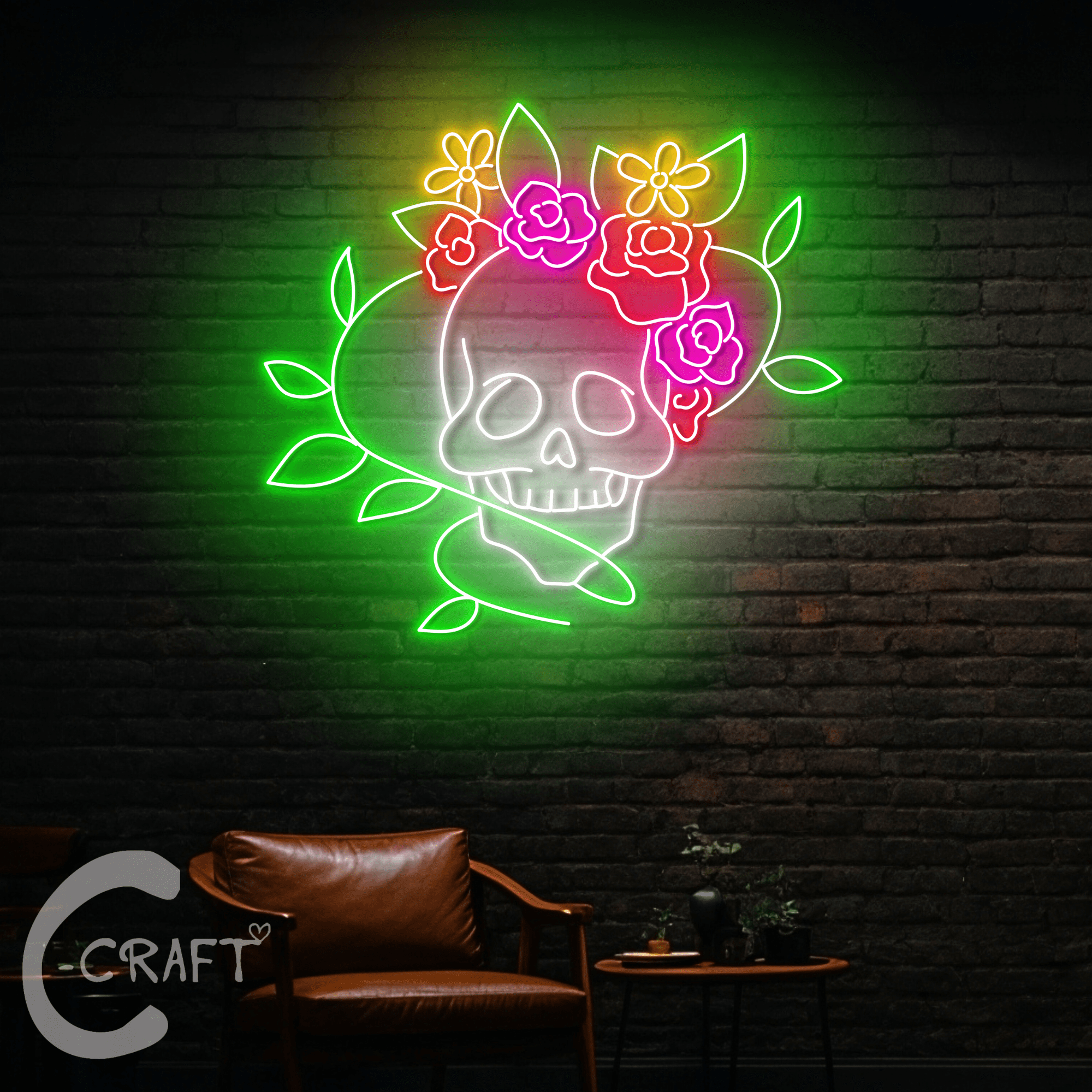 C-CRAFT Floral Skull Neon Led Light Up 40 inch for Home Bar Wall Decor ...