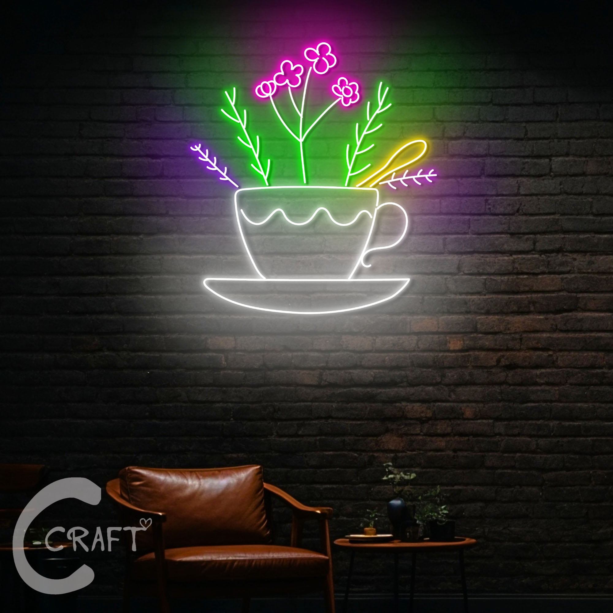 C-CRAFT Flower Tea Cup Neon Led Light Up 38 inch for Tea Shop Kitchen ...