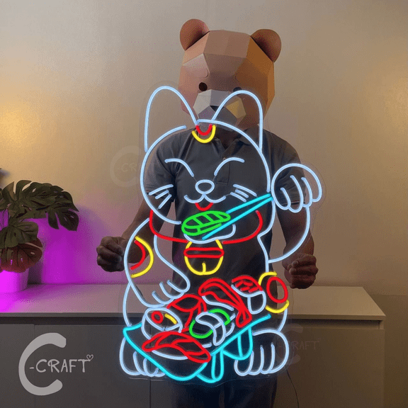 C-CRAFT Fortune Cat Sushi Neon Sign Led Light Up 25 inch for Sushi Restaurant Wall Art Decor