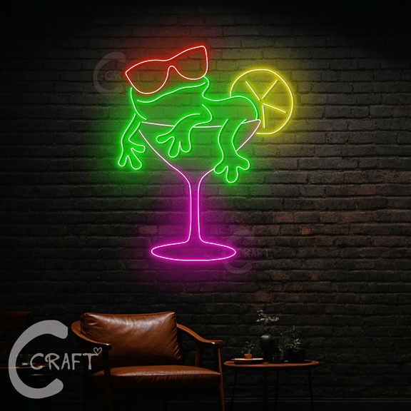 C-CRAFT Frog Cocktai Neon Sign Led Light Up 27 inch for Bar Pub Wall Art Decor