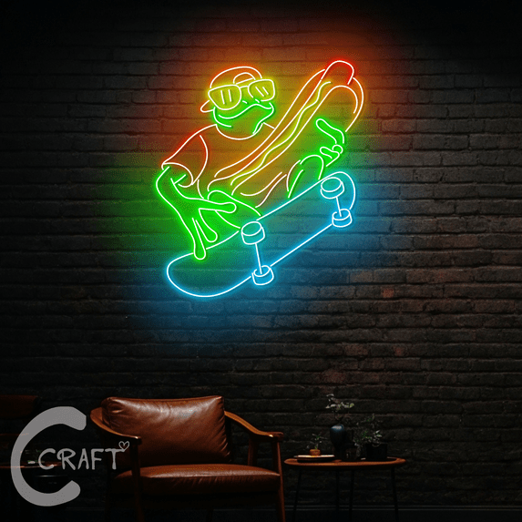C-CRAFT Frog Hot Dog Skateboard Neon Led Light Sign 30 inch for Hot Dog Shop Wall Decor