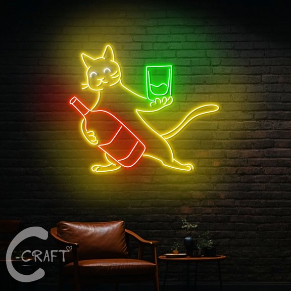 C-CRAFT Funny Cat Beer Neon Led Light Up 35 inch for Beer Club Bar Pub Wall Decor