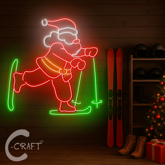 C-CRAFT Funny Skiing Santa Neon Sign 27 Inches, Holiday LED Wall Light, Christmas Skiing Shop Decor, Christmas Party Sign