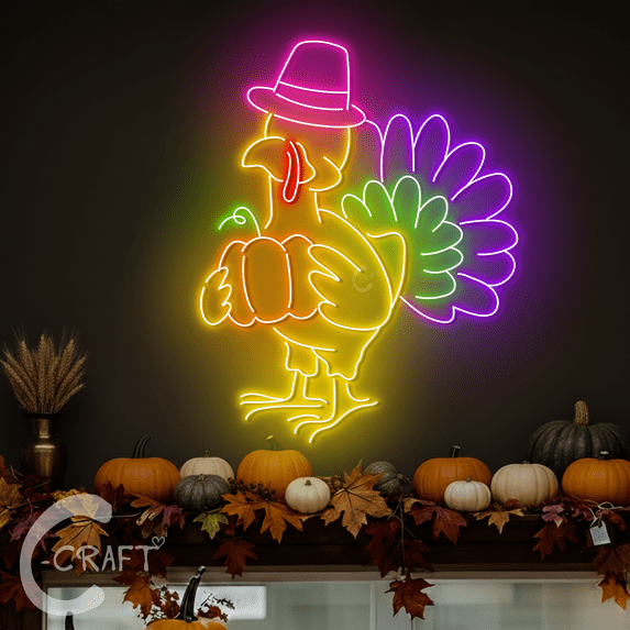 C-CRAFT Funny Turkey Neon Light Sign 33 Inches, Fall LED Wall Decor ...