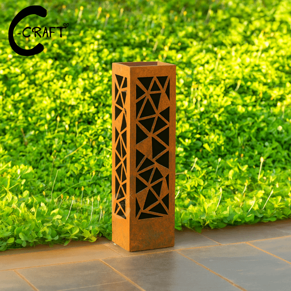 C-CRAFT Geometric Design Rusty Metal Garden column 36 inches Without Lid, Outdoor Decoration, Landscape Yard Decor