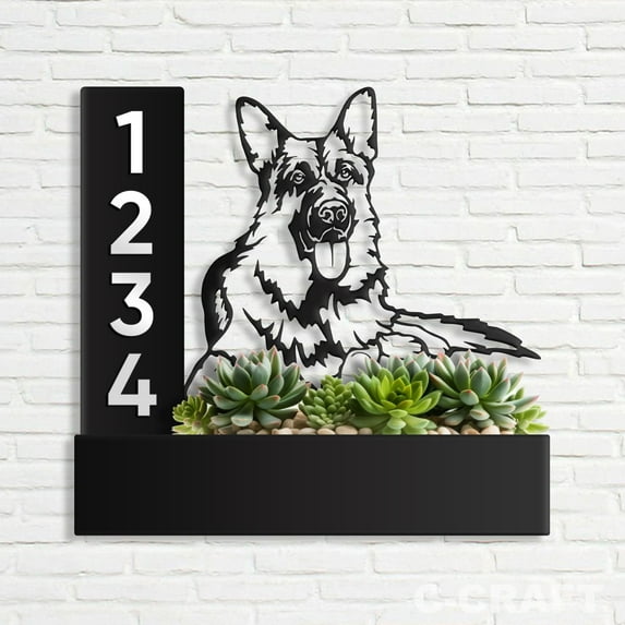 C-CRAFT German Shepherd Dog 14 Inch Modern Metal Address Sign Planter Box for Outdoor Home Decor