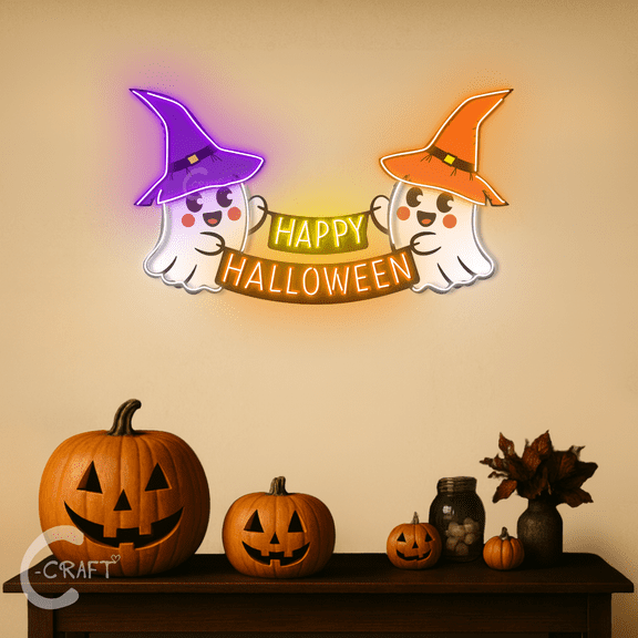 C-CRAFT Ghost Neon Sign 38 Inches for Happy Halloween Party Wall Art, Spooky Led Wall Decor and Perfect Gift for Friends