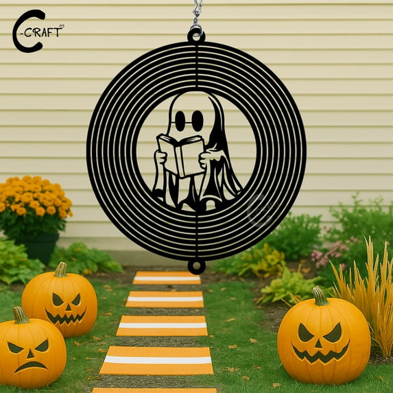 C-CRAFT Ghost Reading Wind Spinner 8 Inches, Outdoor Yard Art Hanging Decor for Halloween Celebration, Book Lovers Gift