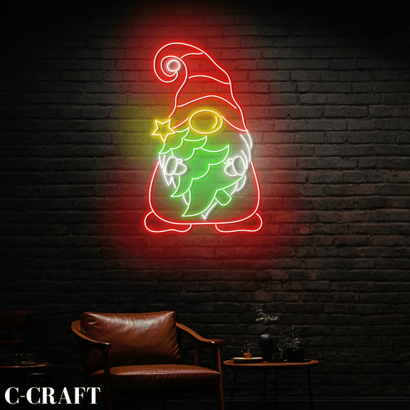 C-CRAFT Gnome Christmas Tree Neon Led Light Wall Art for Christmas Party Home Decor