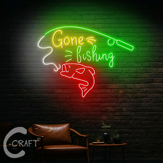 C-CRAFT Gone Fishing Neon Led Light Up 25 inch for Fishing Shop Fisherman Home Wall Decor