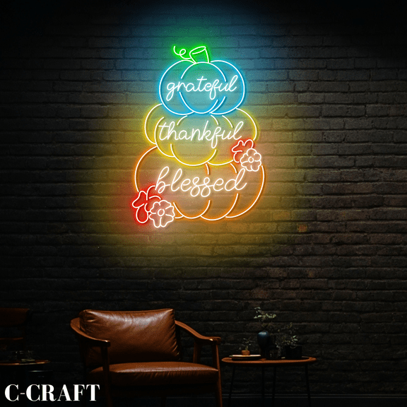 C-CRAFT Grateful Thankful Pumpkins Thanksgiving Neon Sign LED Light Acrylic Wall Decorations