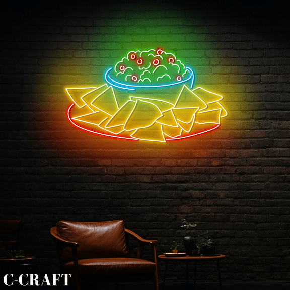 C-CRAFT Guacamole With Chips Neon Led Light Wall Art for Mexican Restaurant Decor