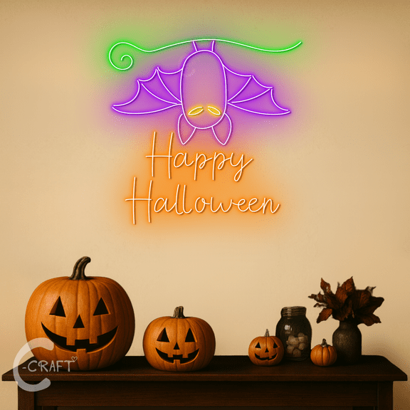C-CRAFT Halloween Bat Neon Sign 23 Inches for Haunted Home or Gothic Home Wall Art, Perfect Collectible Gift for Horror Fans, Halloween Decor