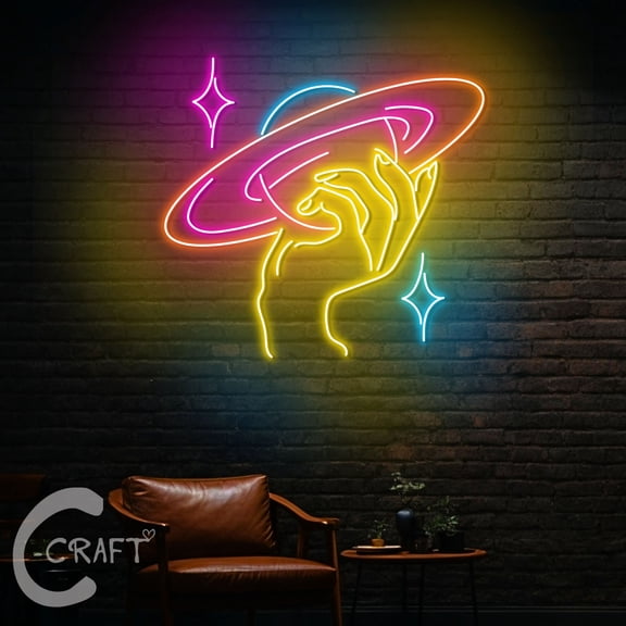 C-CRAFT Hand Holding Saturn In Galaxy Neon Sign LED Light 25 inch for Bedroom Wall Art Decor