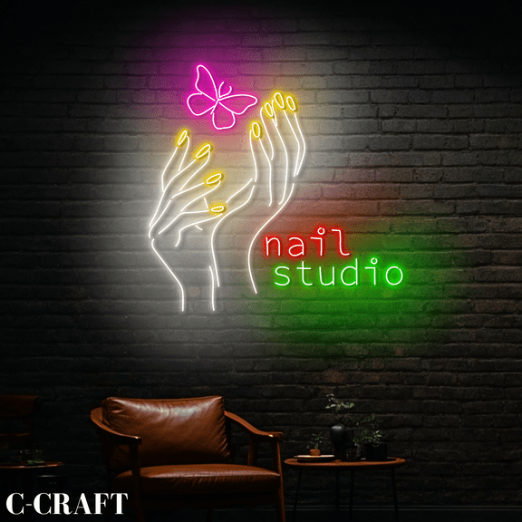 C-CRAFT Hand Nail Butterfly Neon Led Light Wall Art for Nails Salon Decor