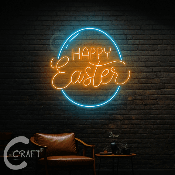 C-CRAFT Happy Easter Eggs Neon Sign Led Light Up 25 inch for Easter Day Restaurant Wall Art Decor