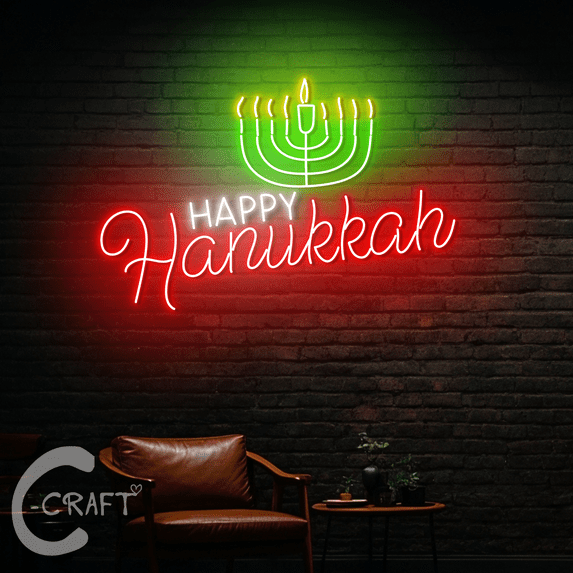 C-CRAFT Happy Hanukkah Neon Sign LED Light 35 inch for Hanukkah Menorah Decor