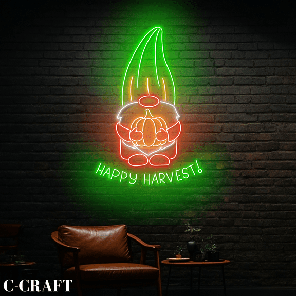 C-CRAFT Happy Harvest Gnome Pumpkin Neon Led Light Wall Art for Thanksgiving Party Decor