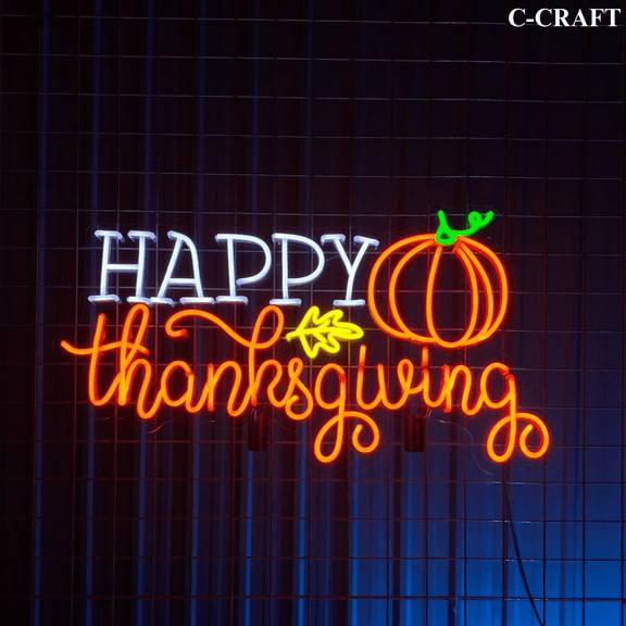 C-CRAFT Happy Thanksgiving Pumpkin Neon Sign LED Light 25 inch for Wall Decor