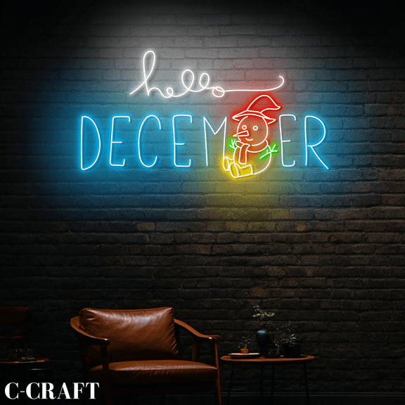 C-CRAFT Hello December Snowman Neon Sign Led Light Sign Wall Art for Christmas Decor