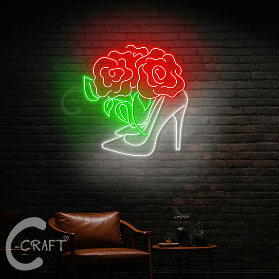 C-CRAFT Hibiscus High Heels Neon Sign Led Light Up 33 inch for Shoes Boutique Wall Art Decor