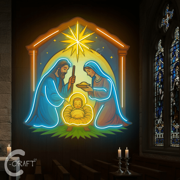 C-CRAFT Holy Family Neon UV Sign 18 Inches, Nativity Scene LED Wall Light, Christmas Church Display, Sacred Gift for Loved Ones