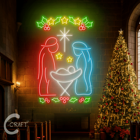 C-CRAFT Holy Nativity Scene Neon Sign 18 Inches, Religious Christmas LED Wall Light for Chapel or Church Decoration, Sacred Holiday Gift for Family