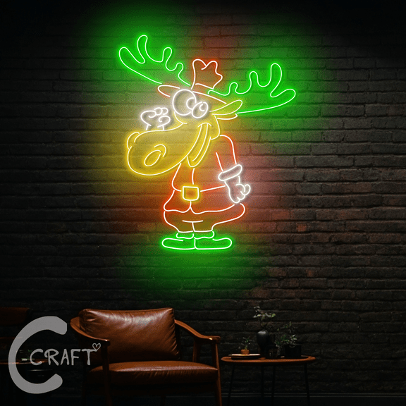 C-CRAFT Moose Cowboy Santa Neon Led Light Up 25 inch for Christmas Home Living Bedroom Decor