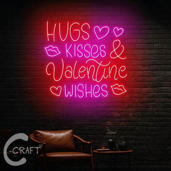 C-CRAFT Hugs Kisses Valentine Wishes Neon Led Light Up 38 inch for Valentine's Day Wall Decor