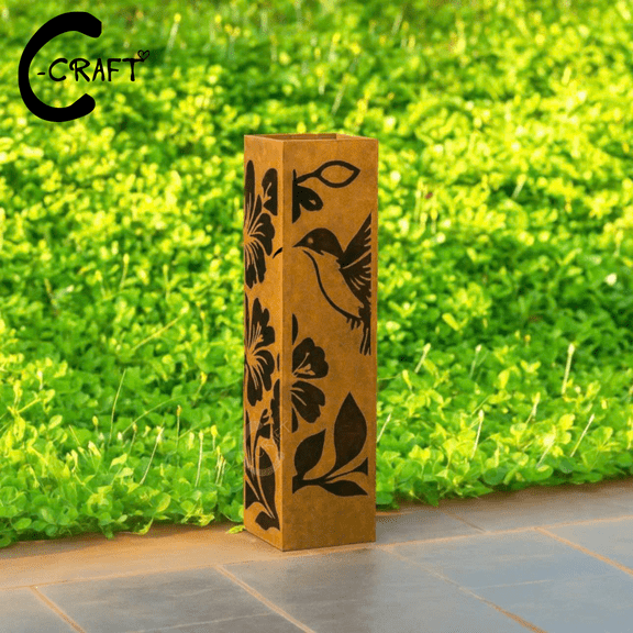 C-CRAFT Hummingbird Rusty Metal Garden Column 36 inches With Lid, Outdoor Decoration, Garden Sculpture, Yard Decor