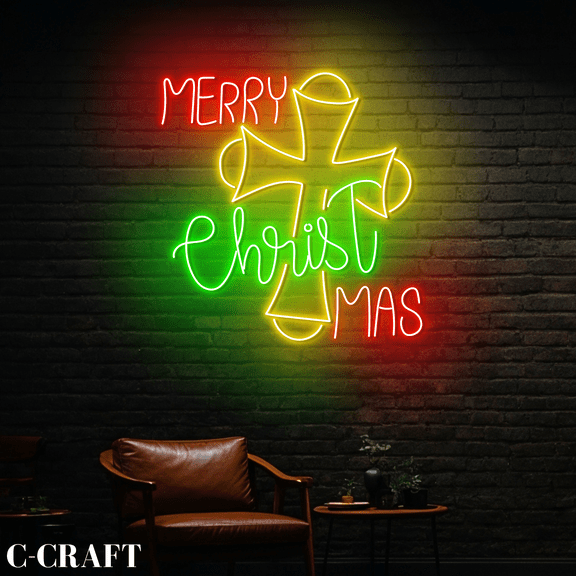 C-CRAFT Jesus Cross Merry Christmas Neon Led Light Wall Art for Living Room Decor