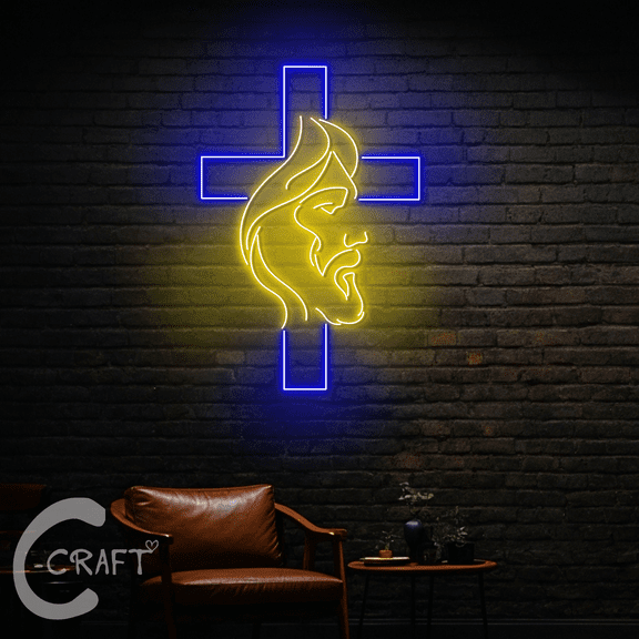 C-CRAFT Jesus Cross Neon Led Light Up 35 inch for Christian Home Bedroom Wall Decor