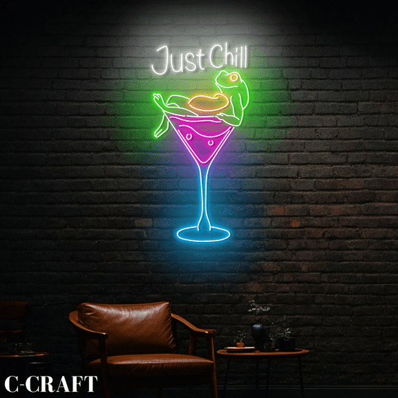 C-CRAFT Just Chill Frog On Cocktail Neon Led Light for Cocktail Bar Wall Art Decor