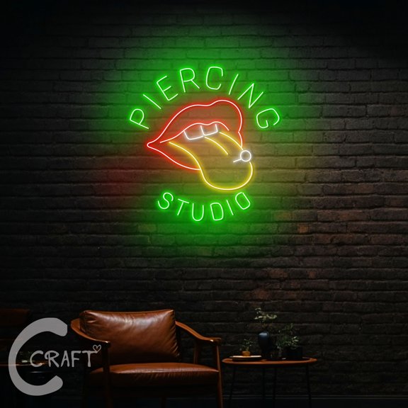 C-CRAFT Lips Tongue Piercing Neon Led Light Up 35 inch for Piercing Shop Wall Decor