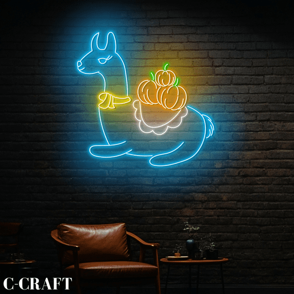 C-CRAFT Llama Pumpkins Thanksgiving Neon Led Light Wall Art For Home Decor