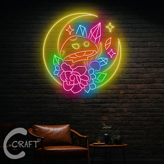 C-CRAFT Magic Crystals Moon Mushroom Neon Sign LED Light 27 inch for Bedroom Wall Art Decor