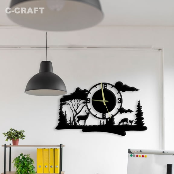 C-CRAFT Meadows Deer DIY Modern Wall Clock Silent 14 Inch for Living Room Wall Decor