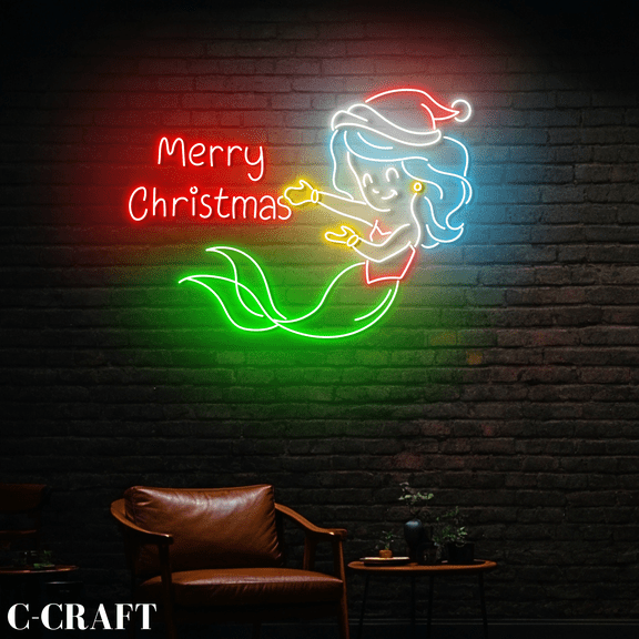 C-CRAFT Mermaid Merry Christmas Neon Led Light Wall Art For Home Decor