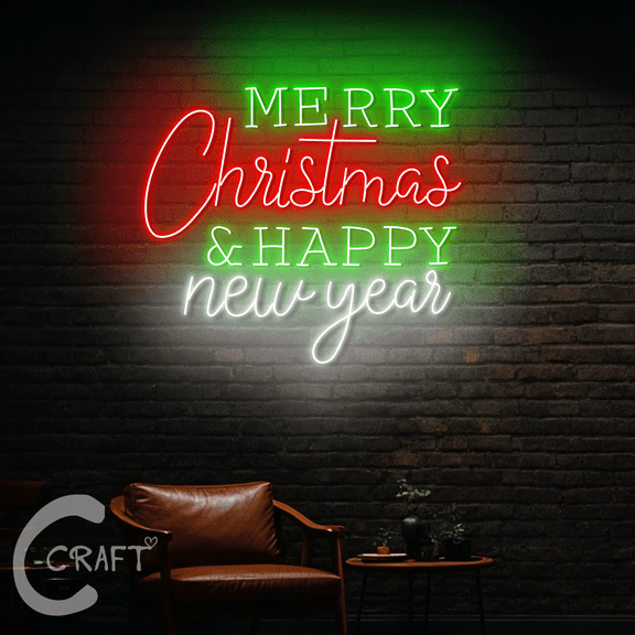C-CRAFT Merry Christmas & Happy New Year Led Wall Art Neon Light For Living Room Wall Decor