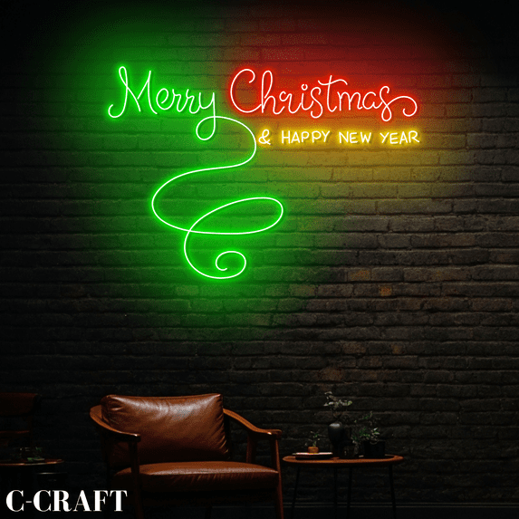 C-CRAFT Merry Christmas & Happy New Year Neon Led Light Wall Art for Store Shop Decor