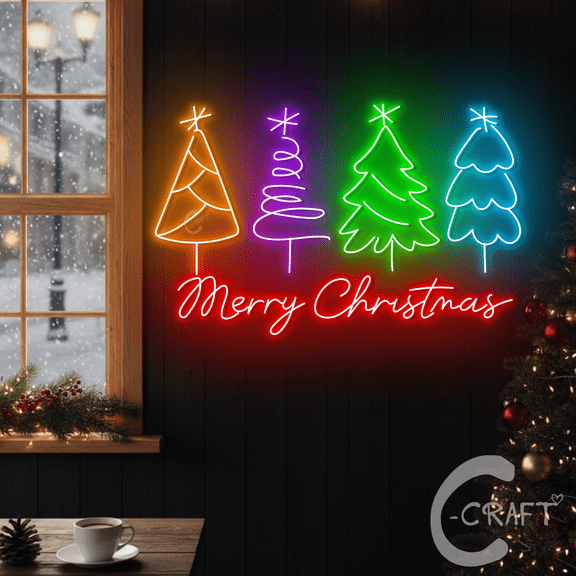 C-CRAFT Merry Christmas Neon Sign, Multi-Color Christmas Tree Wall Light 25 Inches, LED light Gift For Christian Families