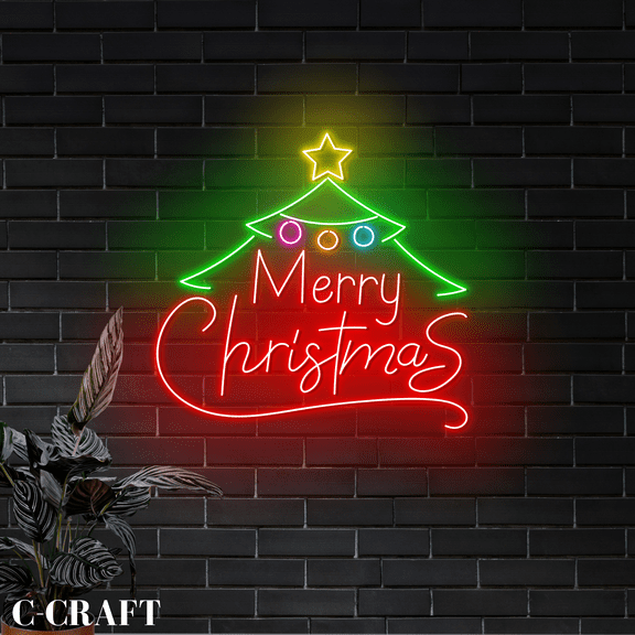 C-CRAFT Merry Christmas Pine Tree Neon Sign Wall Decor LED Light Decorations Indoor_Outdoor Use